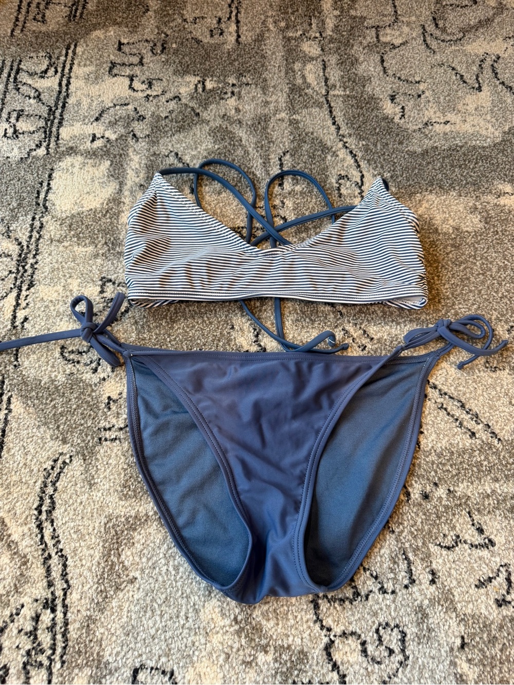 Xhilaration Striped Crossback Bikini Top and Solid Tie-Side Bottom - Navy